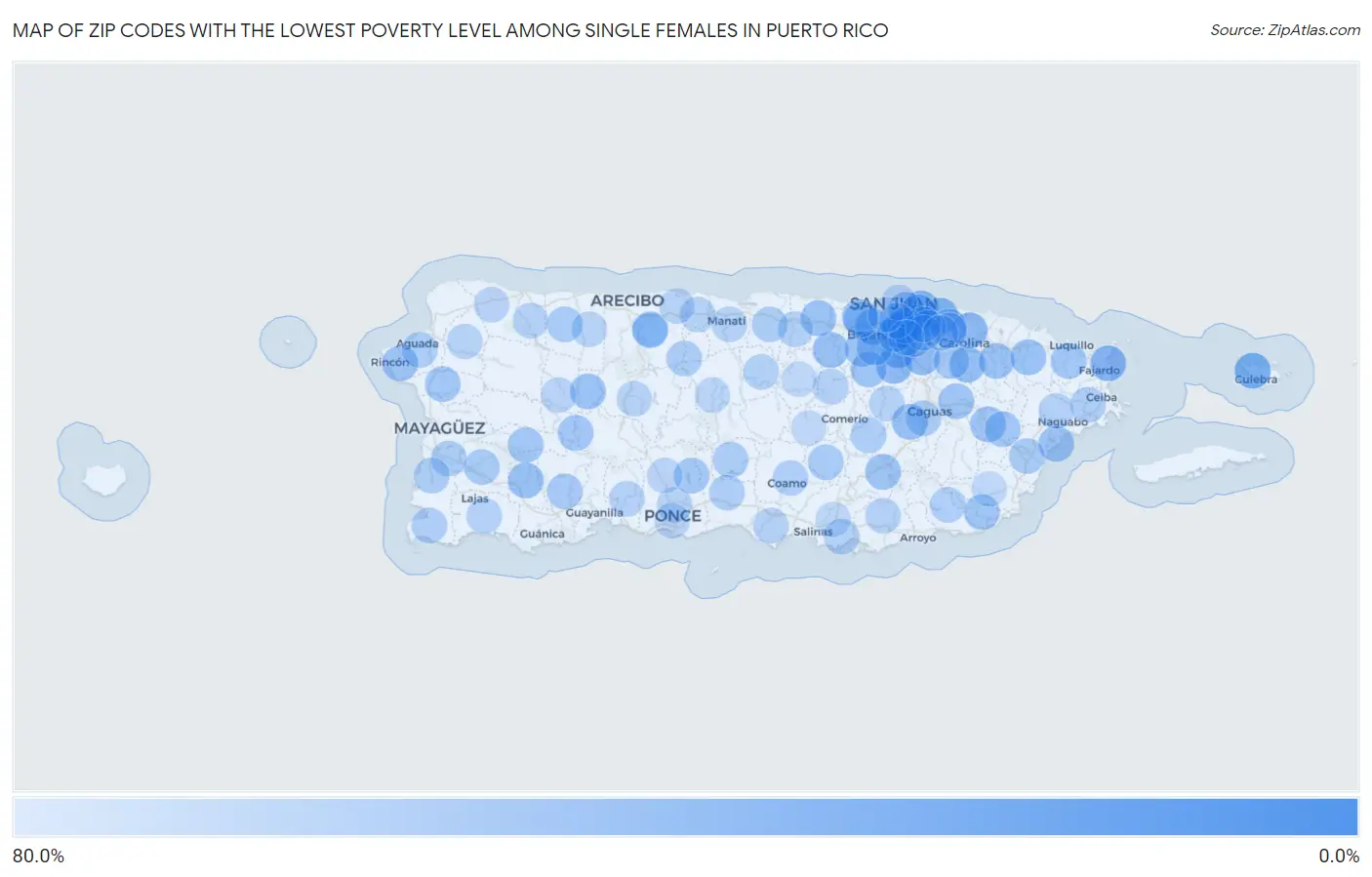 Zip Codes with the Lowest Poverty Level Among Single Females in Puerto Rico Map