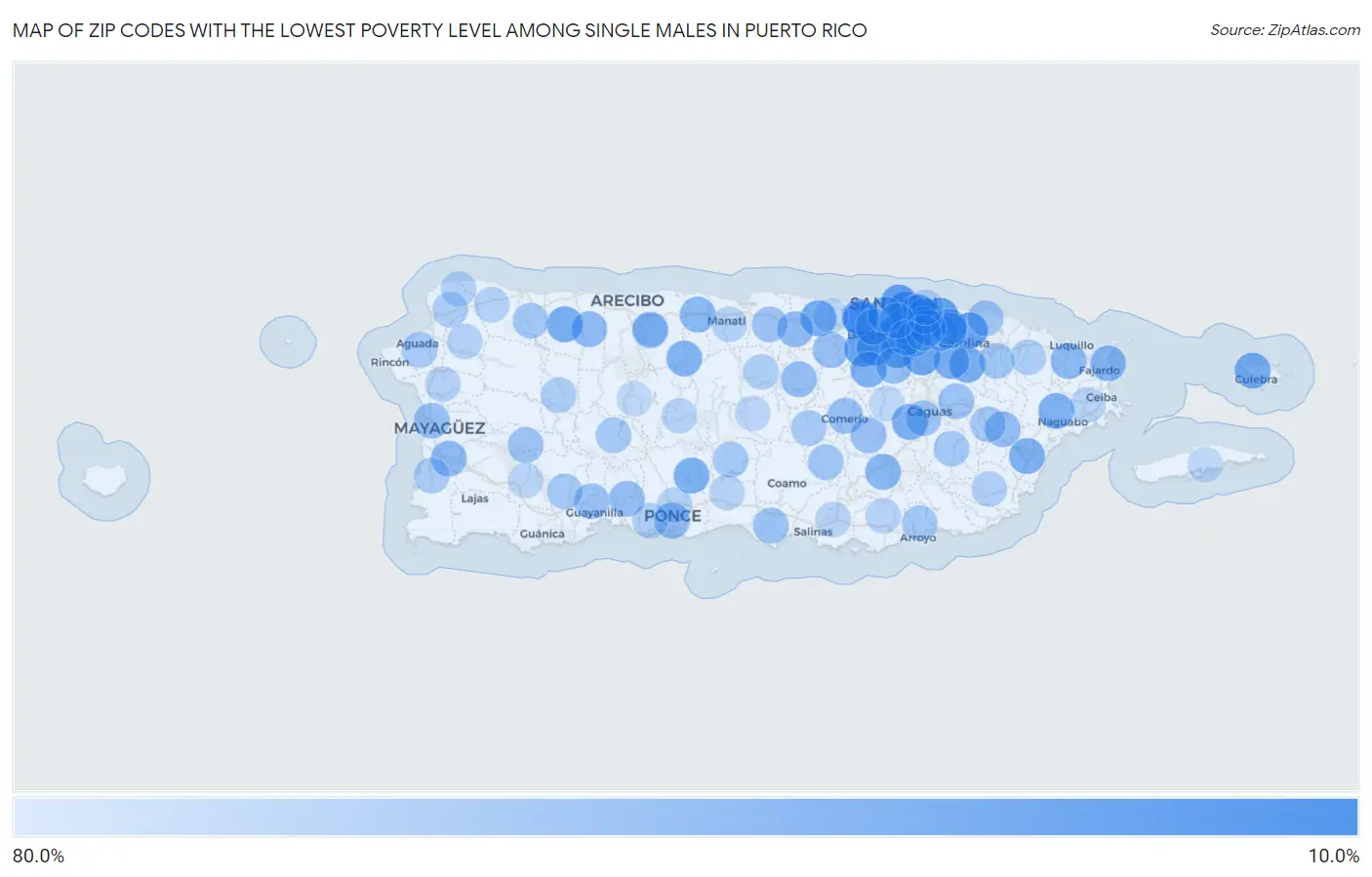 Zip Codes with the Lowest Poverty Level Among Single Males in Puerto Rico Map