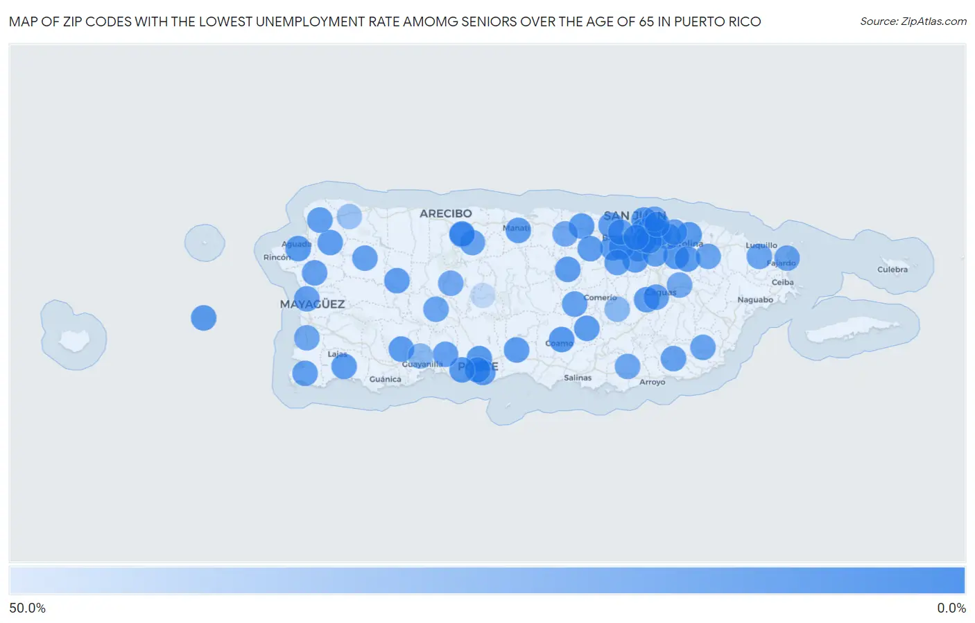 Zip Codes with the Lowest Unemployment Rate Amomg Seniors Over the Age of 65 in Puerto Rico Map