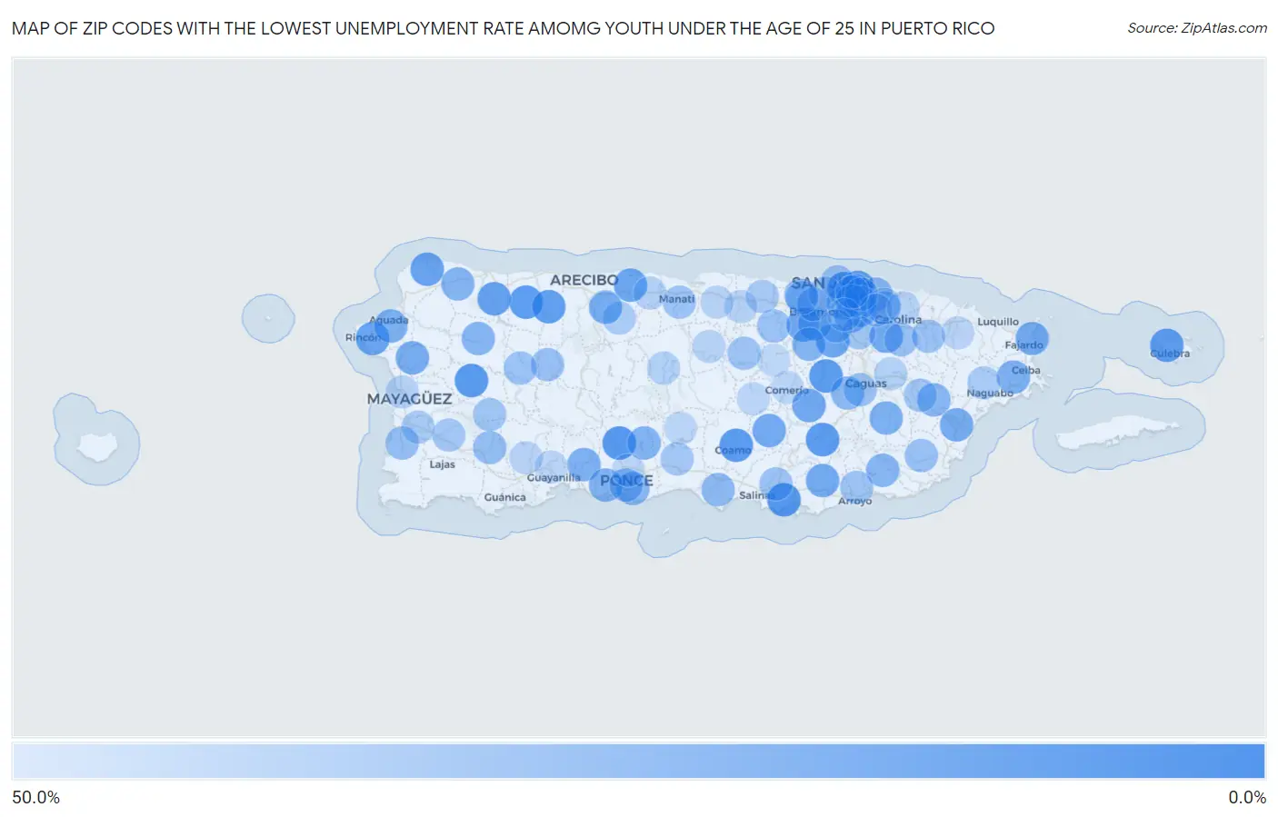 Zip Codes with the Lowest Unemployment Rate Amomg Youth Under the Age of 25 in Puerto Rico Map