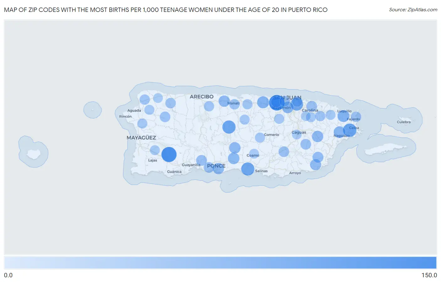 Zip Codes with the Most Births per 1,000 Teenage Women Under the Age of 20 in Puerto Rico Map