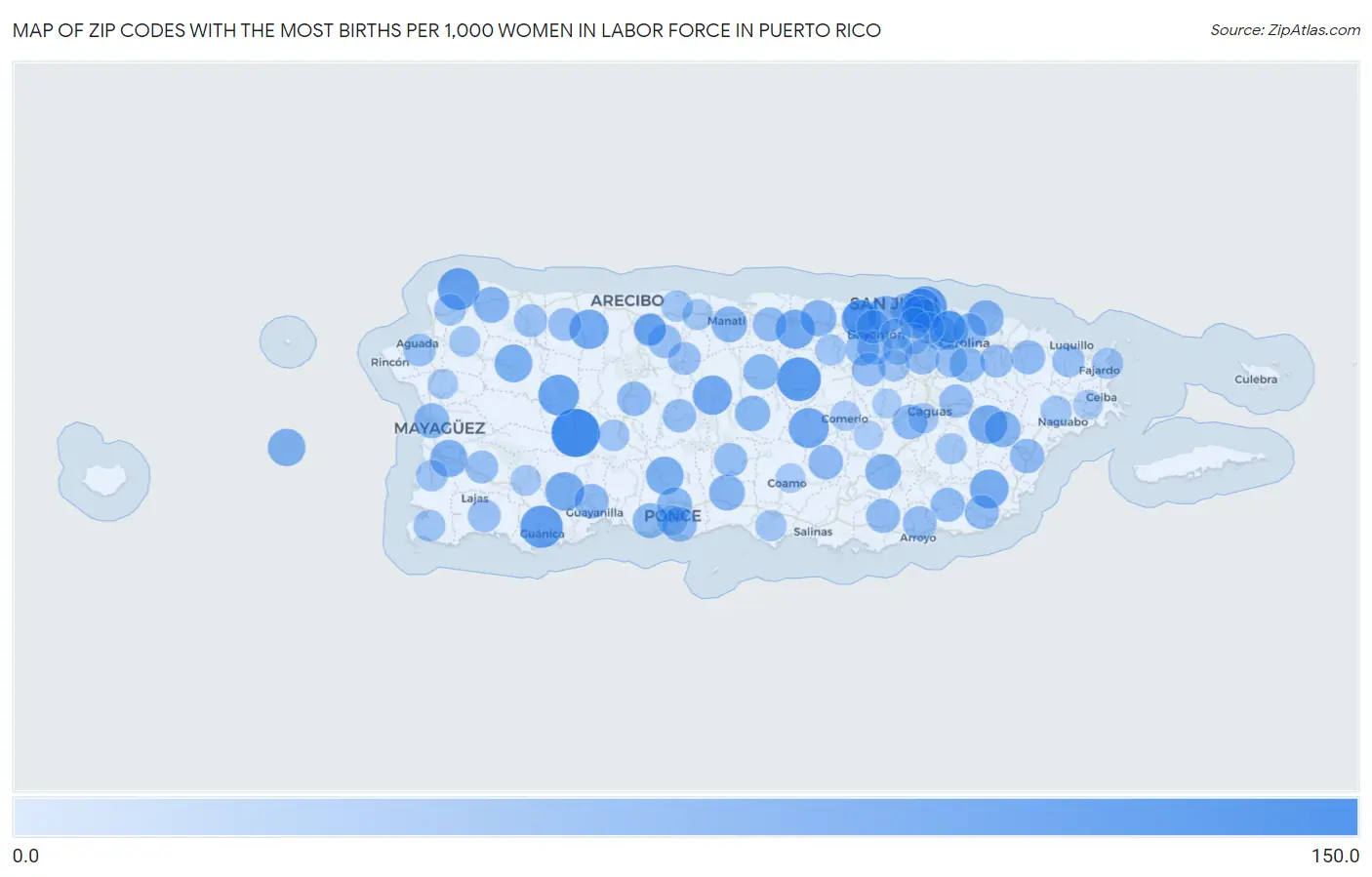 Zip Codes with the Most Births per 1,000 Women in Labor Force in Puerto Rico Map