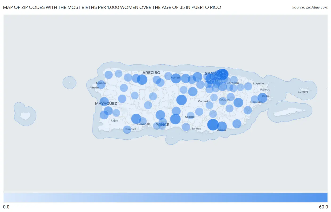 Zip Codes with the Most Births per 1,000 Women Over the Age of 35 in Puerto Rico Map