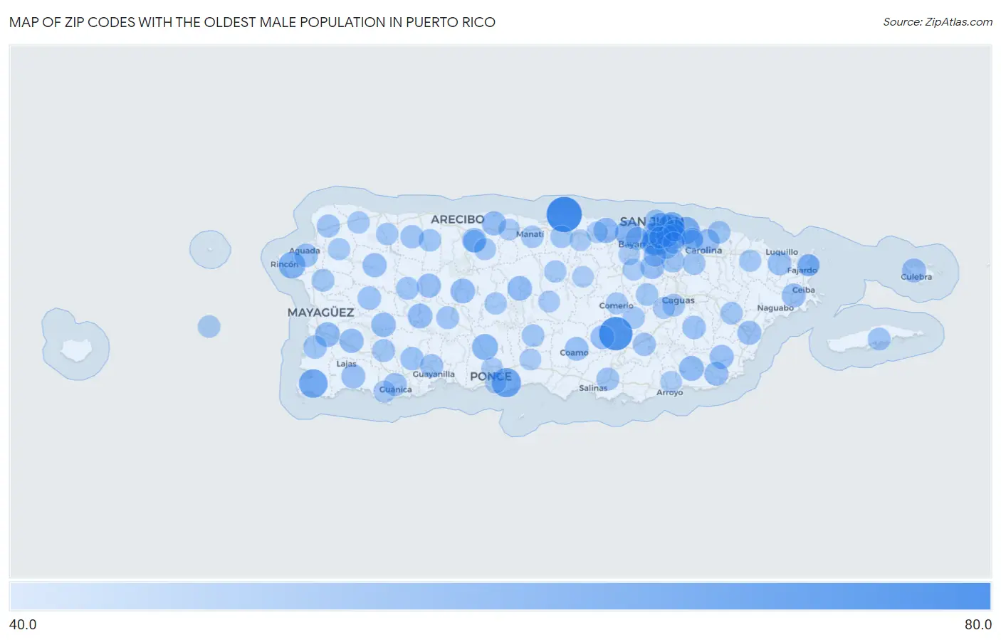 Zip Codes with the Oldest Male Population in Puerto Rico Map