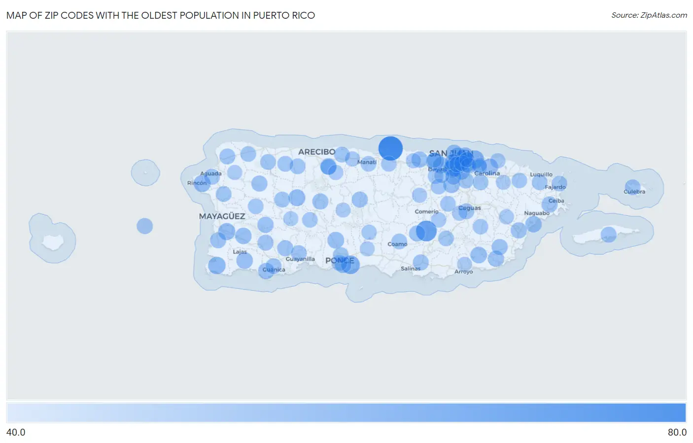 Zip Codes with the Oldest Population in Puerto Rico Map