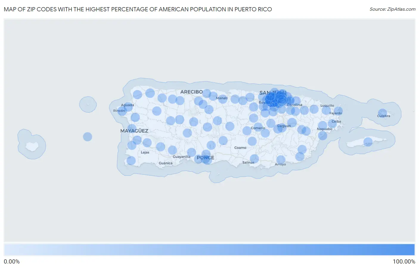 Zip Codes with the Highest Percentage of American Population in Puerto Rico Map