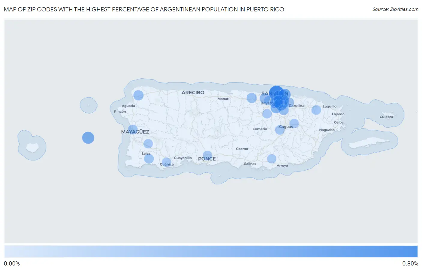 Zip Codes with the Highest Percentage of Argentinean Population in Puerto Rico Map