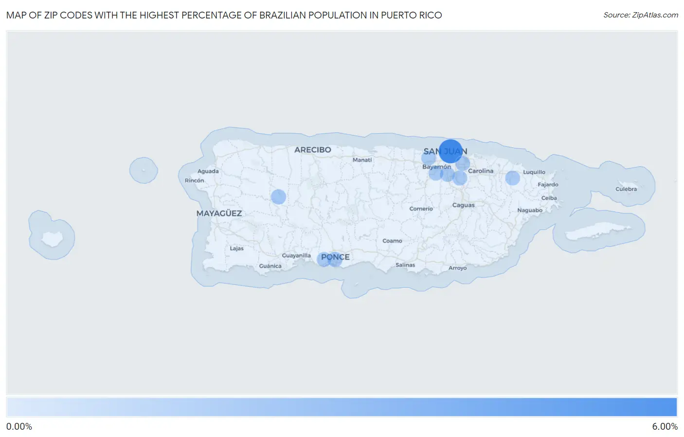 Zip Codes with the Highest Percentage of Brazilian Population in Puerto Rico Map