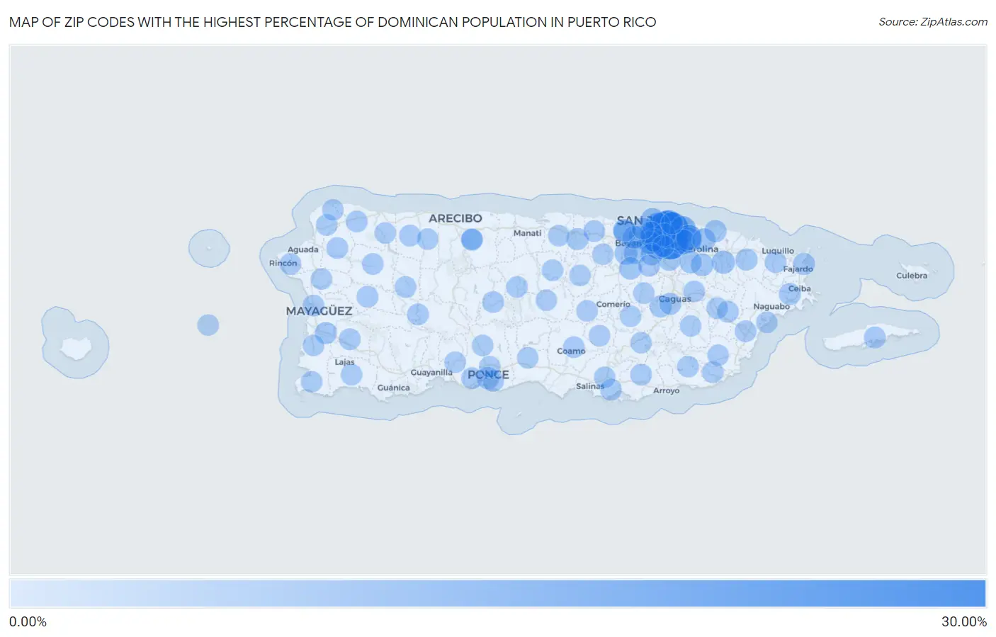 Zip Codes with the Highest Percentage of Dominican Population in Puerto Rico Map