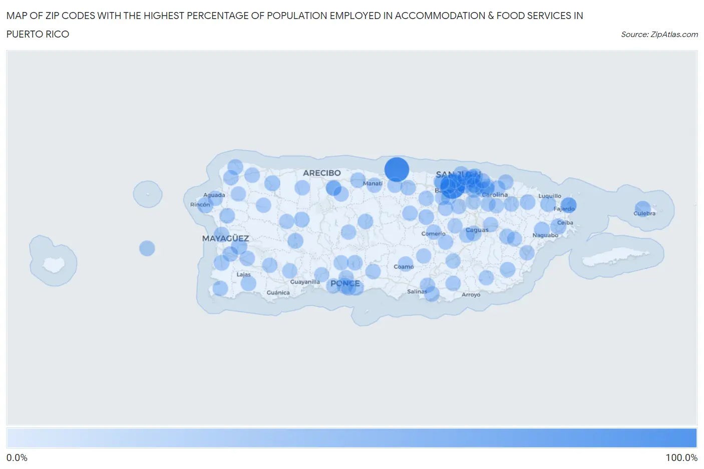 Zip Codes with the Highest Percentage of Population Employed in Accommodation & Food Services in Puerto Rico Map