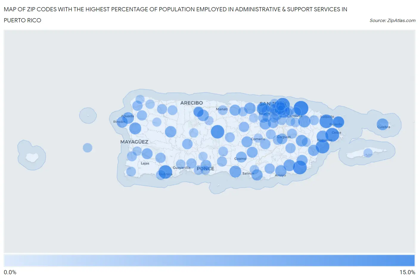 Zip Codes with the Highest Percentage of Population Employed in Administrative & Support Services in Puerto Rico Map