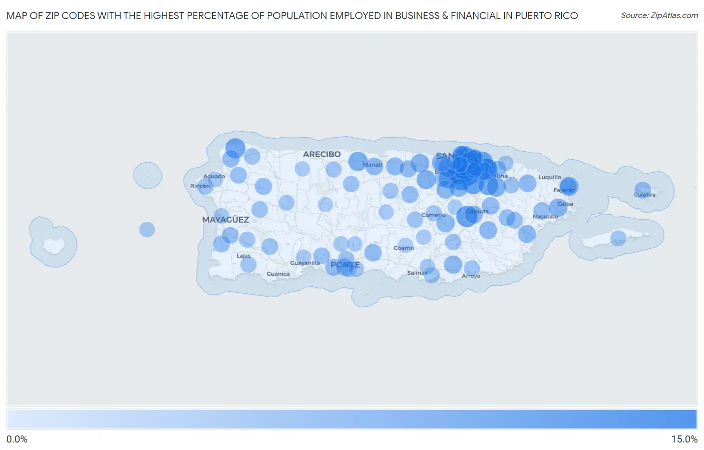 Zip Codes with the Highest Percentage of Population Employed in Business & Financial in Puerto Rico Map