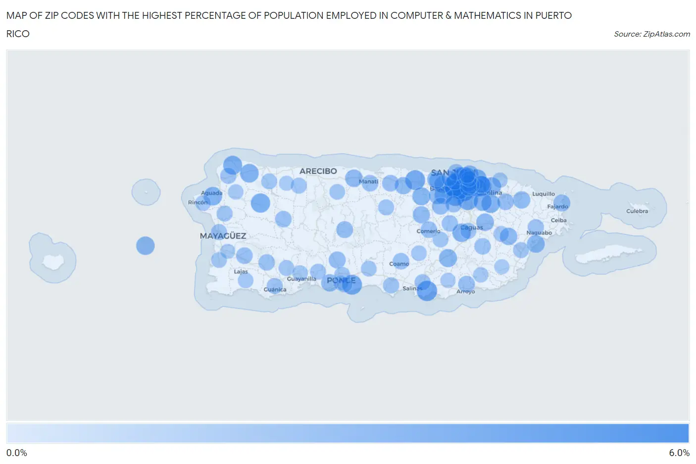 Zip Codes with the Highest Percentage of Population Employed in Computer & Mathematics in Puerto Rico Map