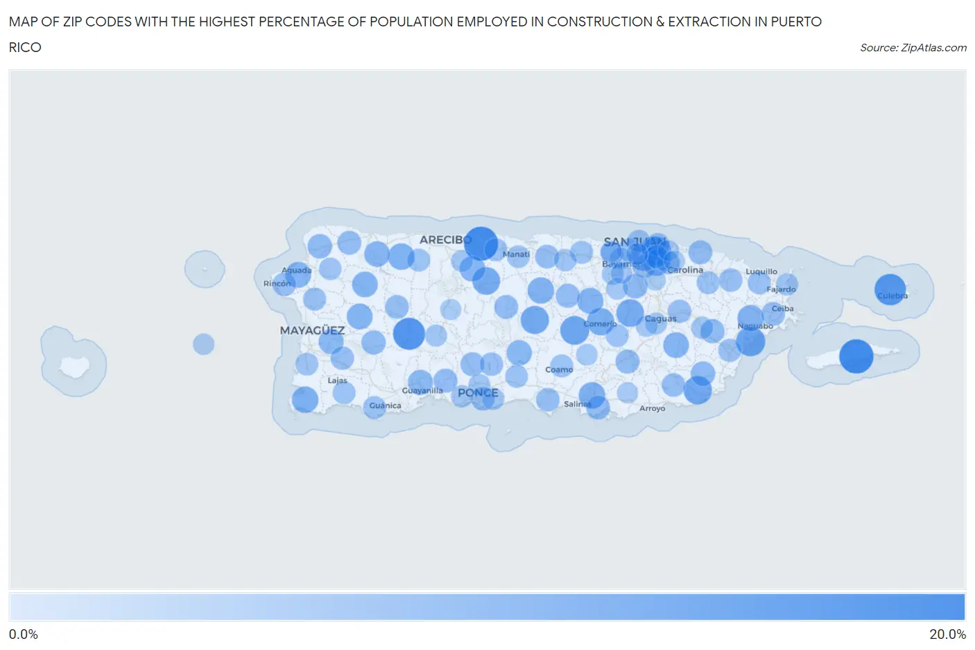 Zip Codes with the Highest Percentage of Population Employed in Construction & Extraction in Puerto Rico Map