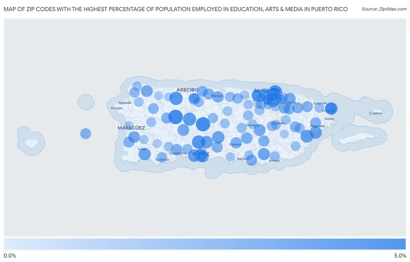 Zip Codes with the Highest Percentage of Population Employed in Education, Arts & Media in Puerto Rico Map