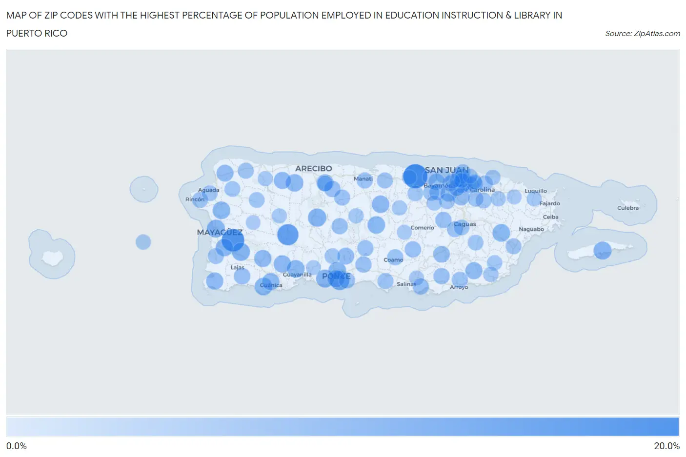 Zip Codes with the Highest Percentage of Population Employed in Education Instruction & Library in Puerto Rico Map