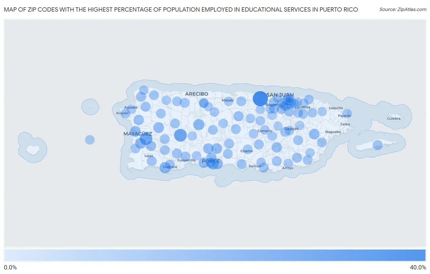 Zip Codes with the Highest Percentage of Population Employed in Educational Services in Puerto Rico Map