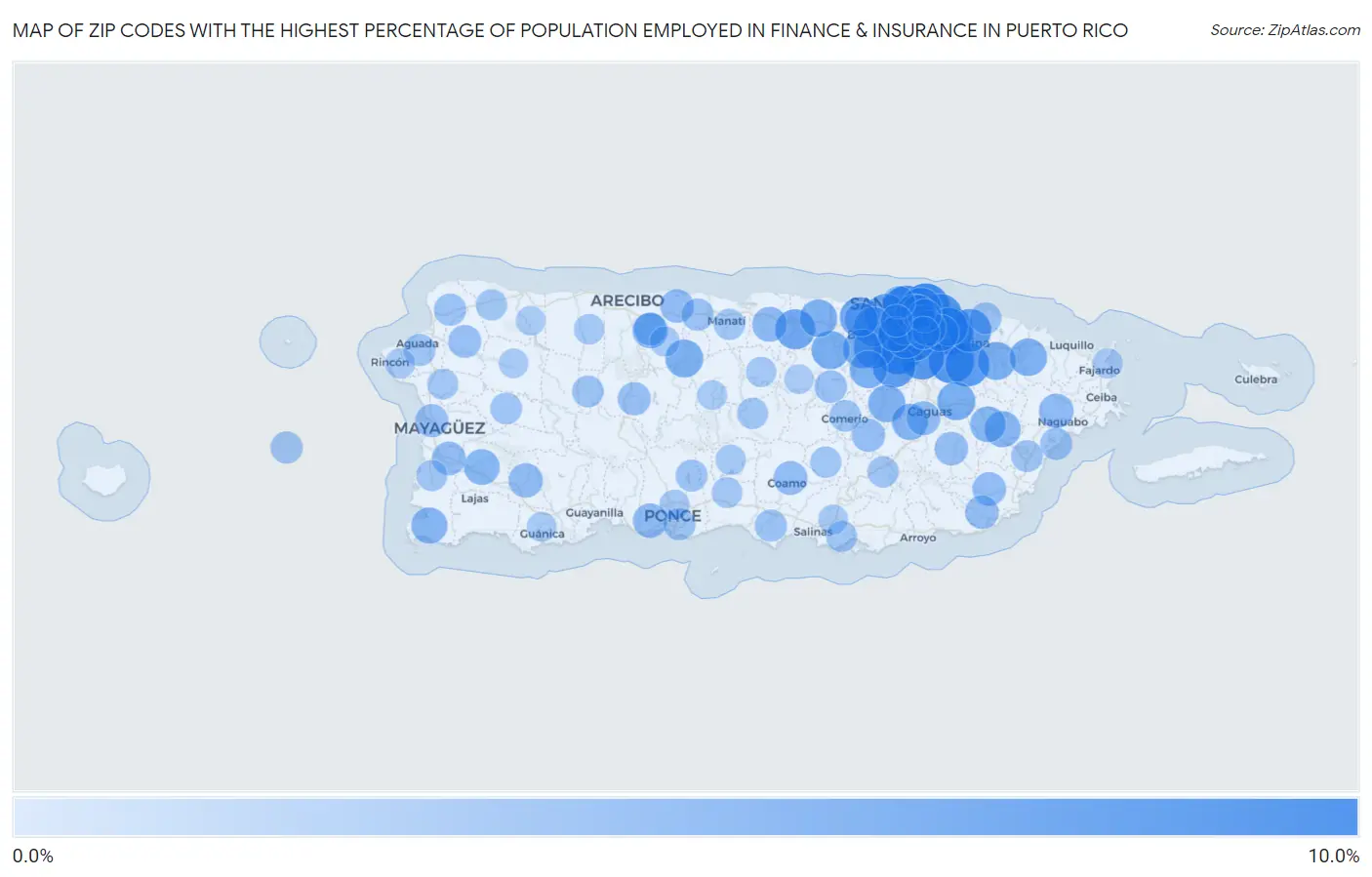 Zip Codes with the Highest Percentage of Population Employed in Finance & Insurance in Puerto Rico Map
