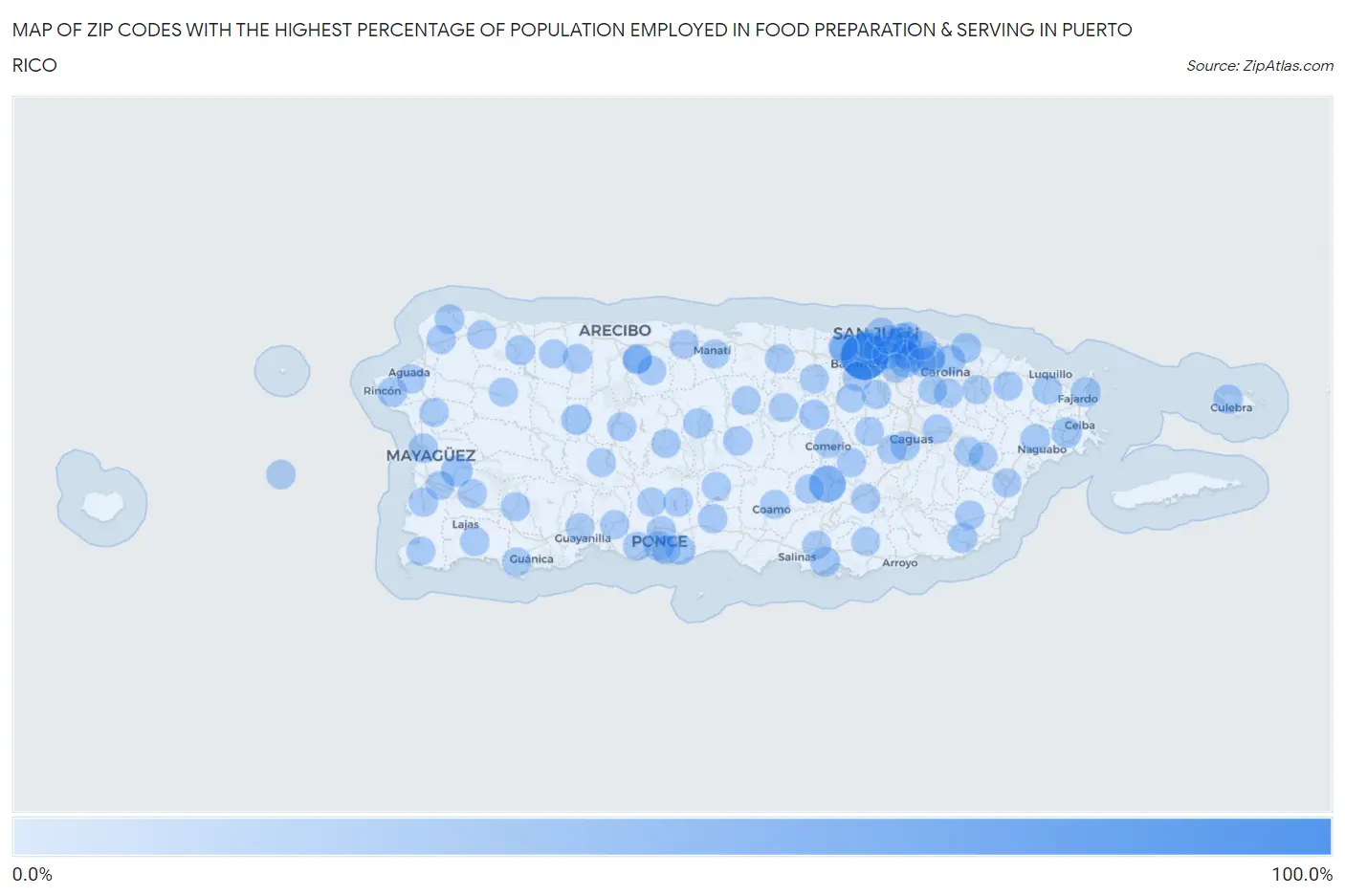 Zip Codes with the Highest Percentage of Population Employed in Food Preparation & Serving in Puerto Rico Map