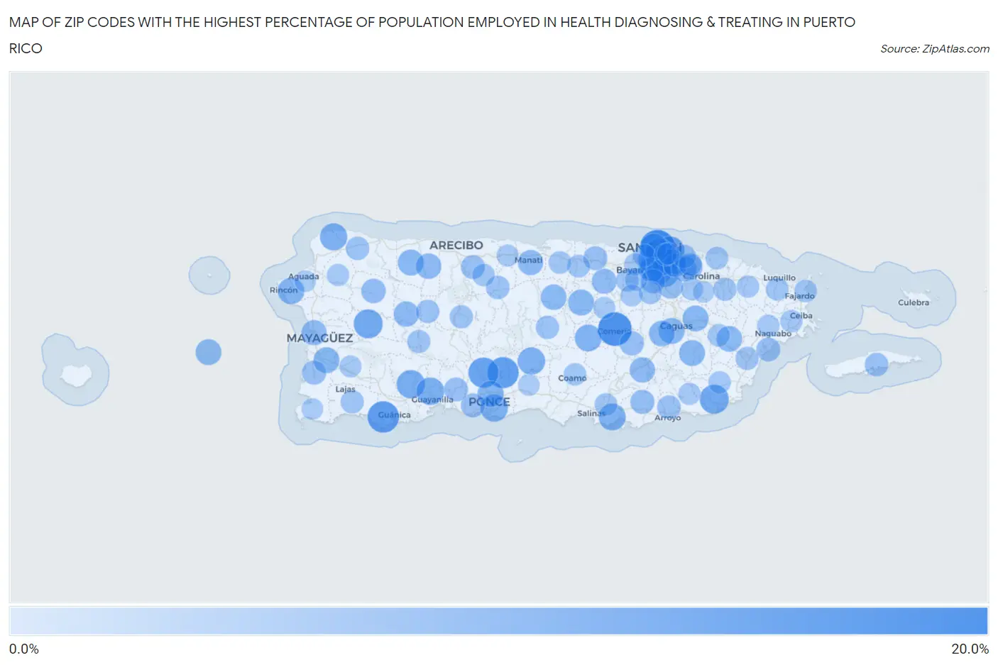 Zip Codes with the Highest Percentage of Population Employed in Health Diagnosing & Treating in Puerto Rico Map