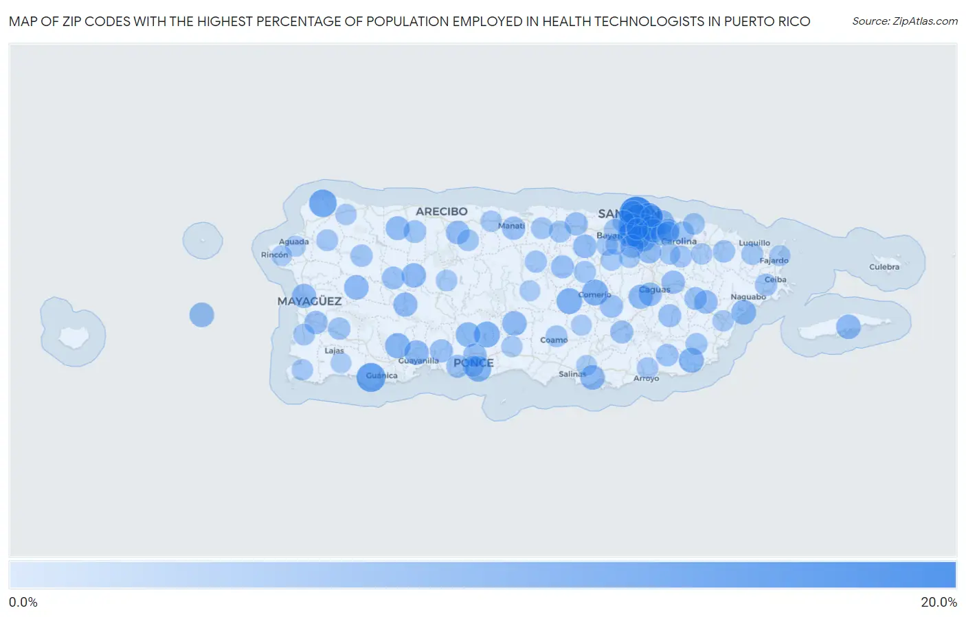 Zip Codes with the Highest Percentage of Population Employed in Health Technologists in Puerto Rico Map