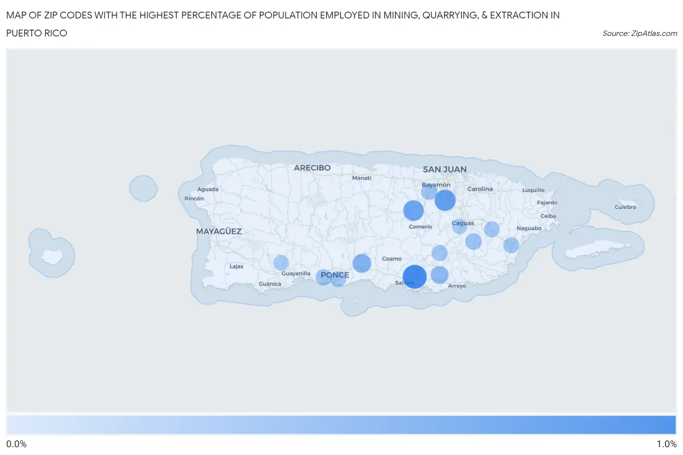 Zip Codes with the Highest Percentage of Population Employed in Mining, Quarrying, & Extraction in Puerto Rico Map