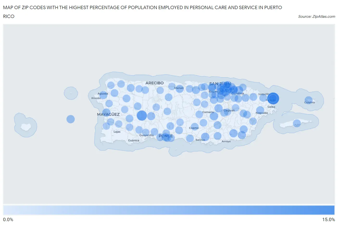Zip Codes with the Highest Percentage of Population Employed in Personal Care and Service in Puerto Rico Map