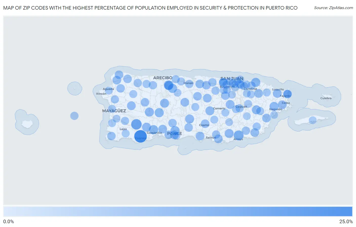 Zip Codes with the Highest Percentage of Population Employed in Security & Protection in Puerto Rico Map