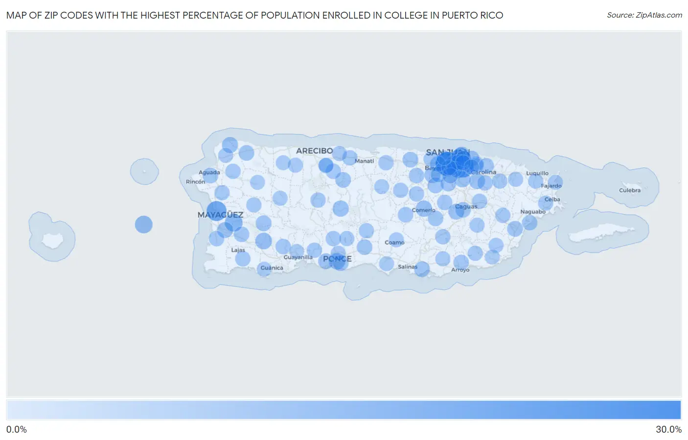 Zip Codes with the Highest Percentage of Population Enrolled in College in Puerto Rico Map