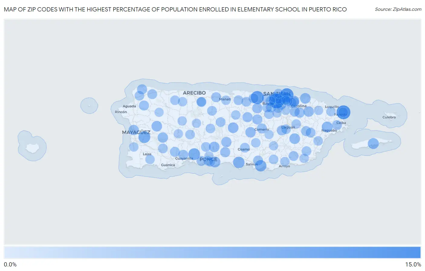Zip Codes with the Highest Percentage of Population Enrolled in Elementary School in Puerto Rico Map
