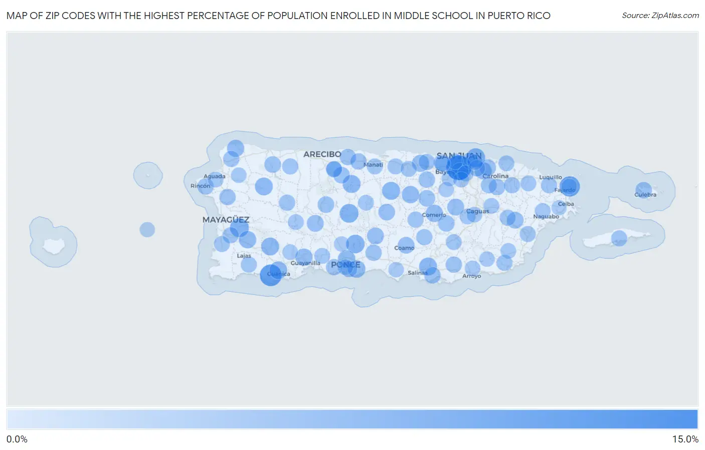 Zip Codes with the Highest Percentage of Population Enrolled in Middle School in Puerto Rico Map