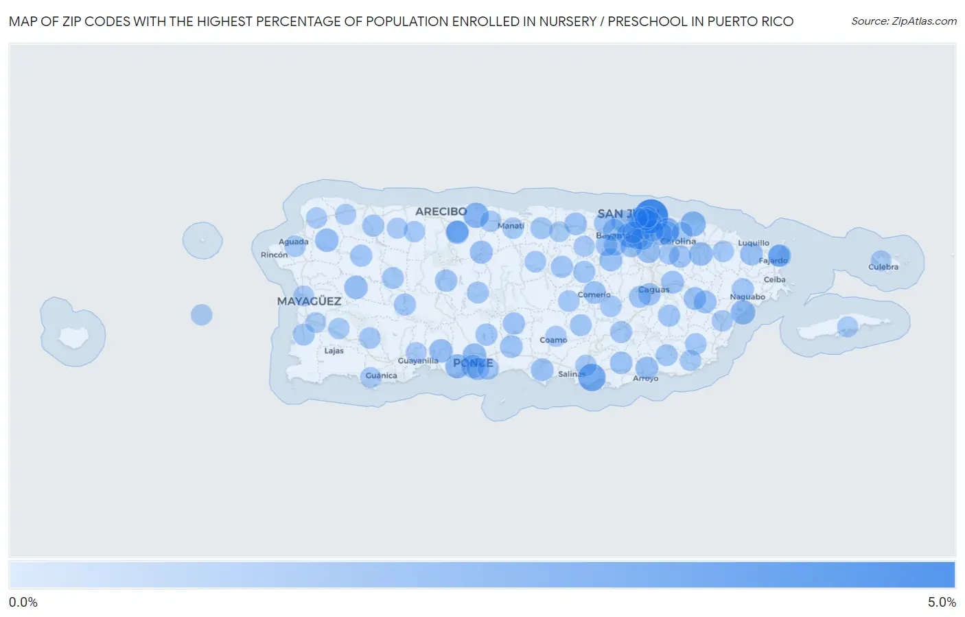 Zip Codes with the Highest Percentage of Population Enrolled in Nursery / Preschool in Puerto Rico Map