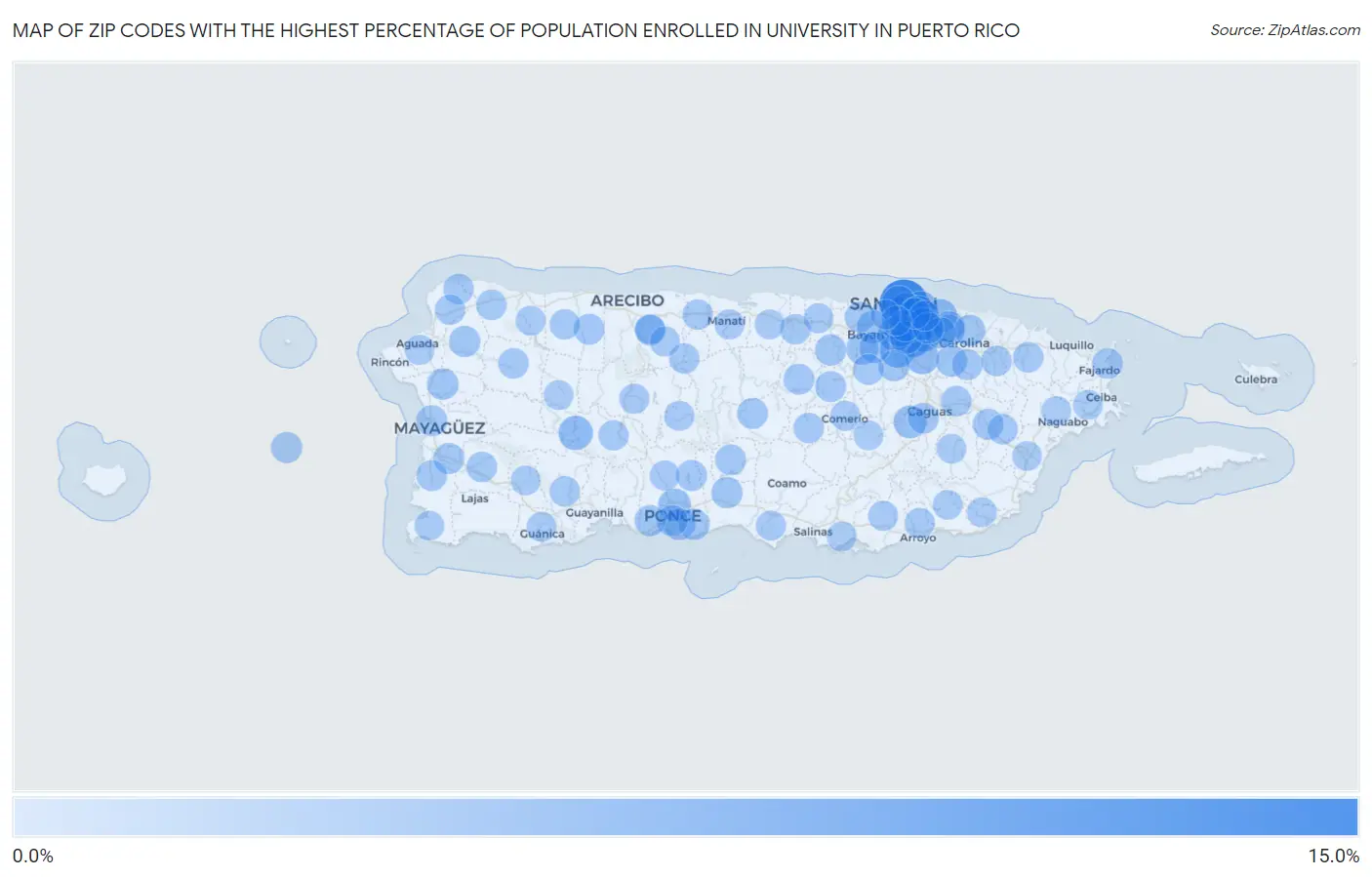 Zip Codes with the Highest Percentage of Population Enrolled in University in Puerto Rico Map