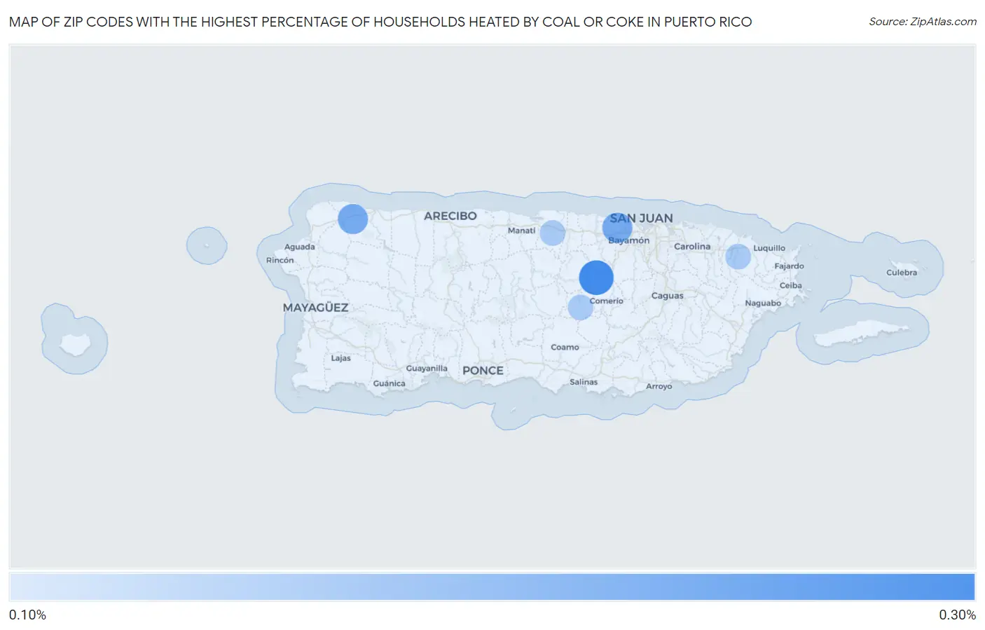 Zip Codes with the Highest Percentage of Households Heated by Coal or Coke in Puerto Rico Map