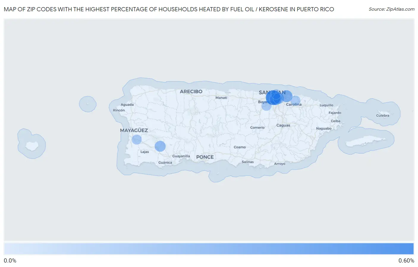 Zip Codes with the Highest Percentage of Households Heated by Fuel Oil / Kerosene in Puerto Rico Map