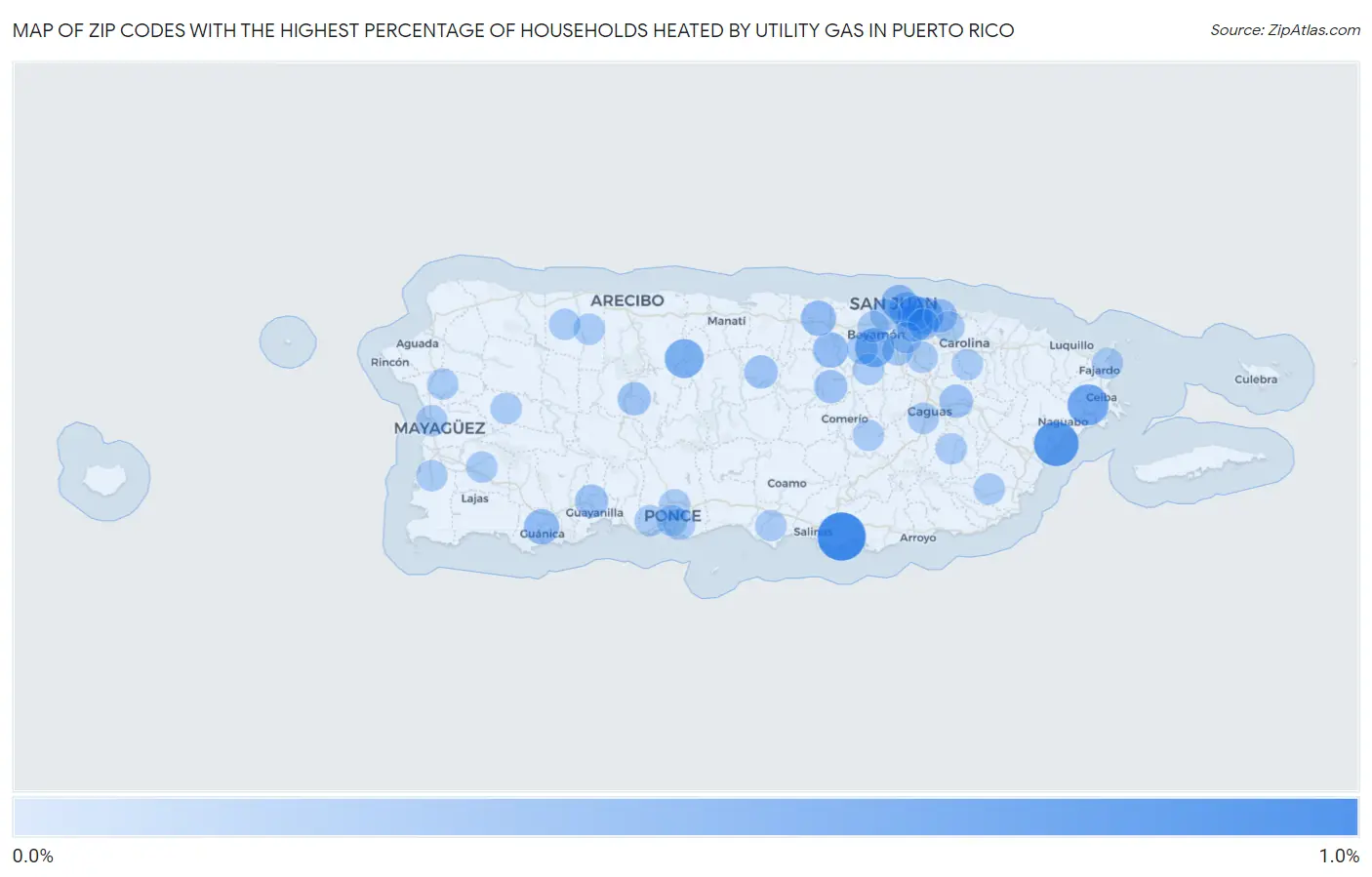 Zip Codes with the Highest Percentage of Households Heated by Utility Gas in Puerto Rico Map