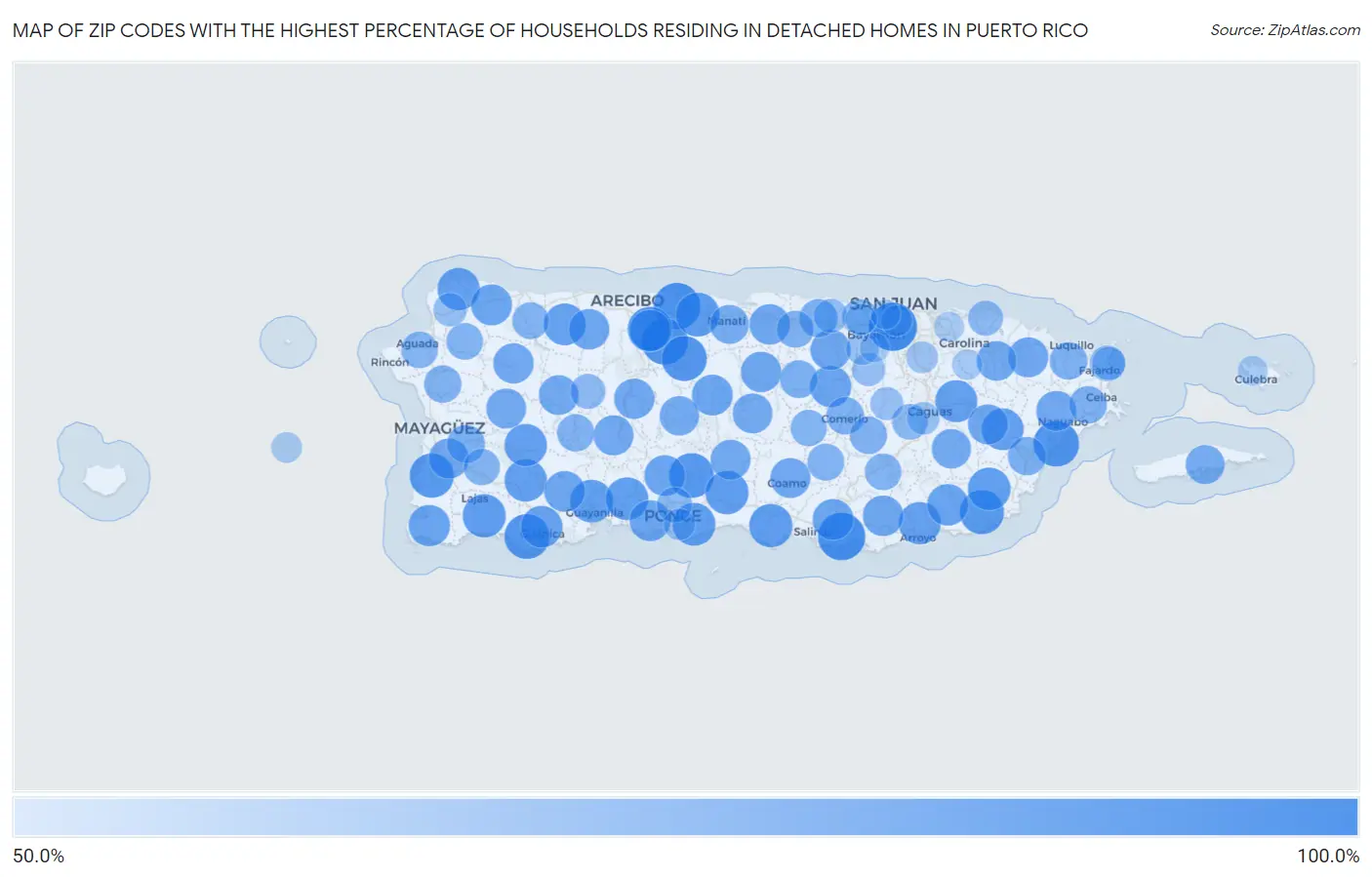 Zip Codes with the Highest Percentage of Households Residing in Detached Homes in Puerto Rico Map