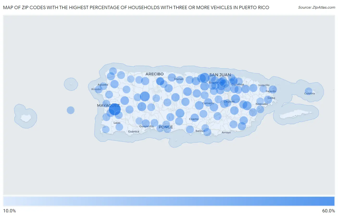 Zip Codes with the Highest Percentage of Households With Three or more Vehicles in Puerto Rico Map