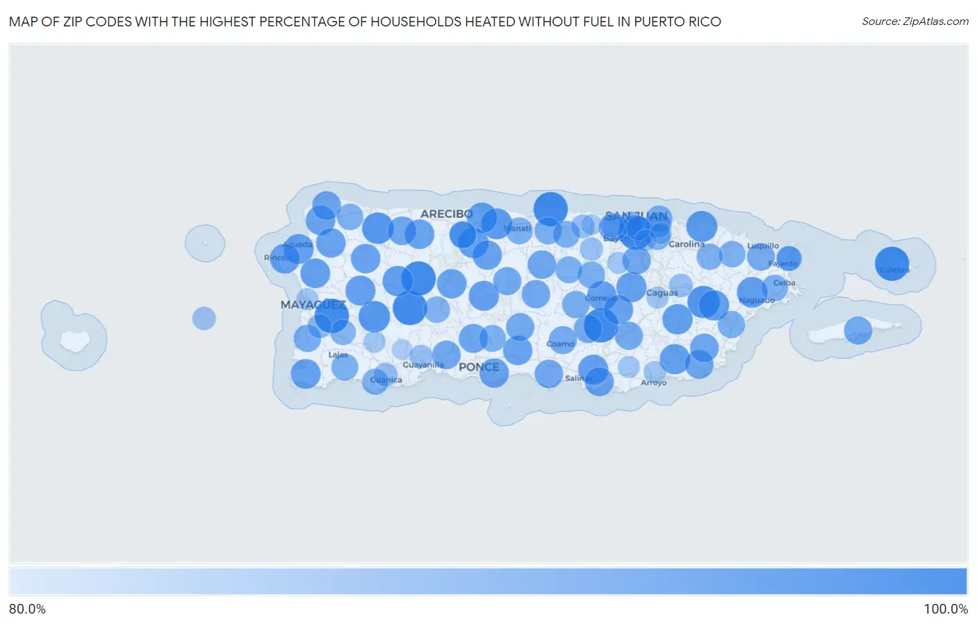 Zip Codes with the Highest Percentage of Households Heated without Fuel in Puerto Rico Map