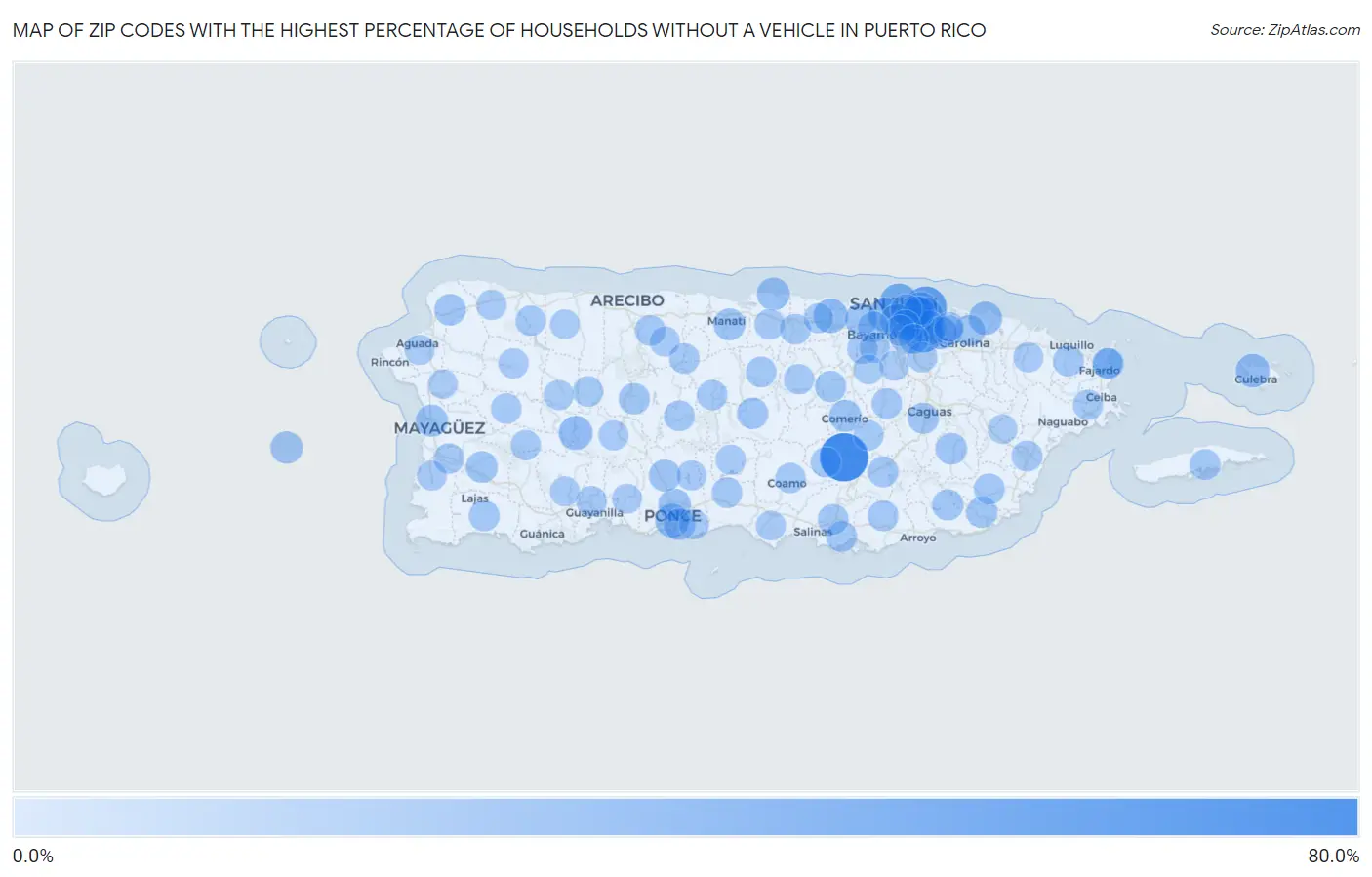 Zip Codes with the Highest Percentage of Households Without a Vehicle in Puerto Rico Map