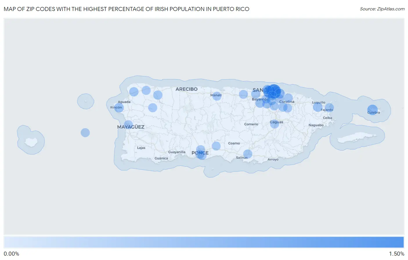 Zip Codes with the Highest Percentage of Irish Population in Puerto Rico Map