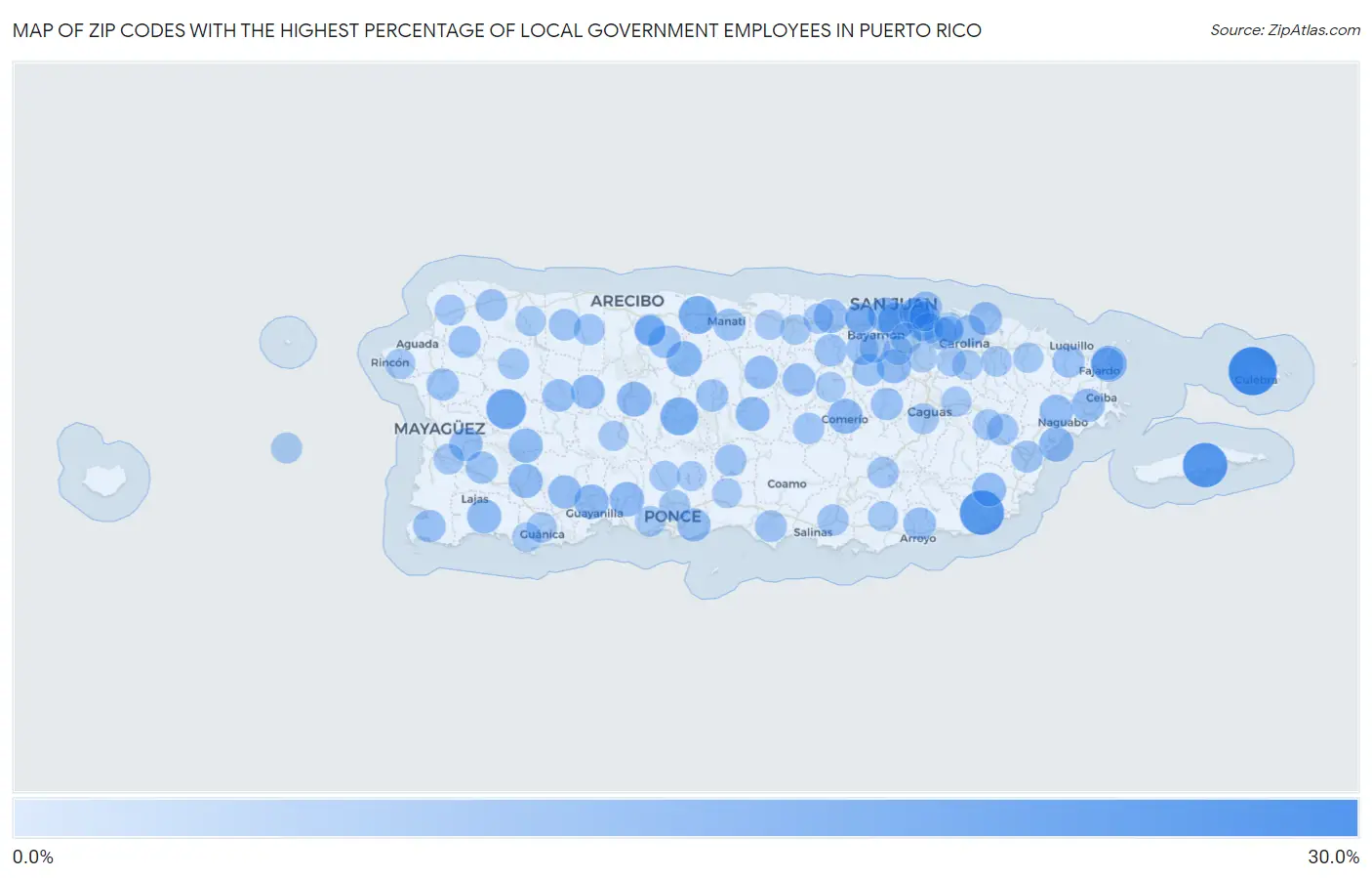 Zip Codes with the Highest Percentage of Local Government Employees in Puerto Rico Map