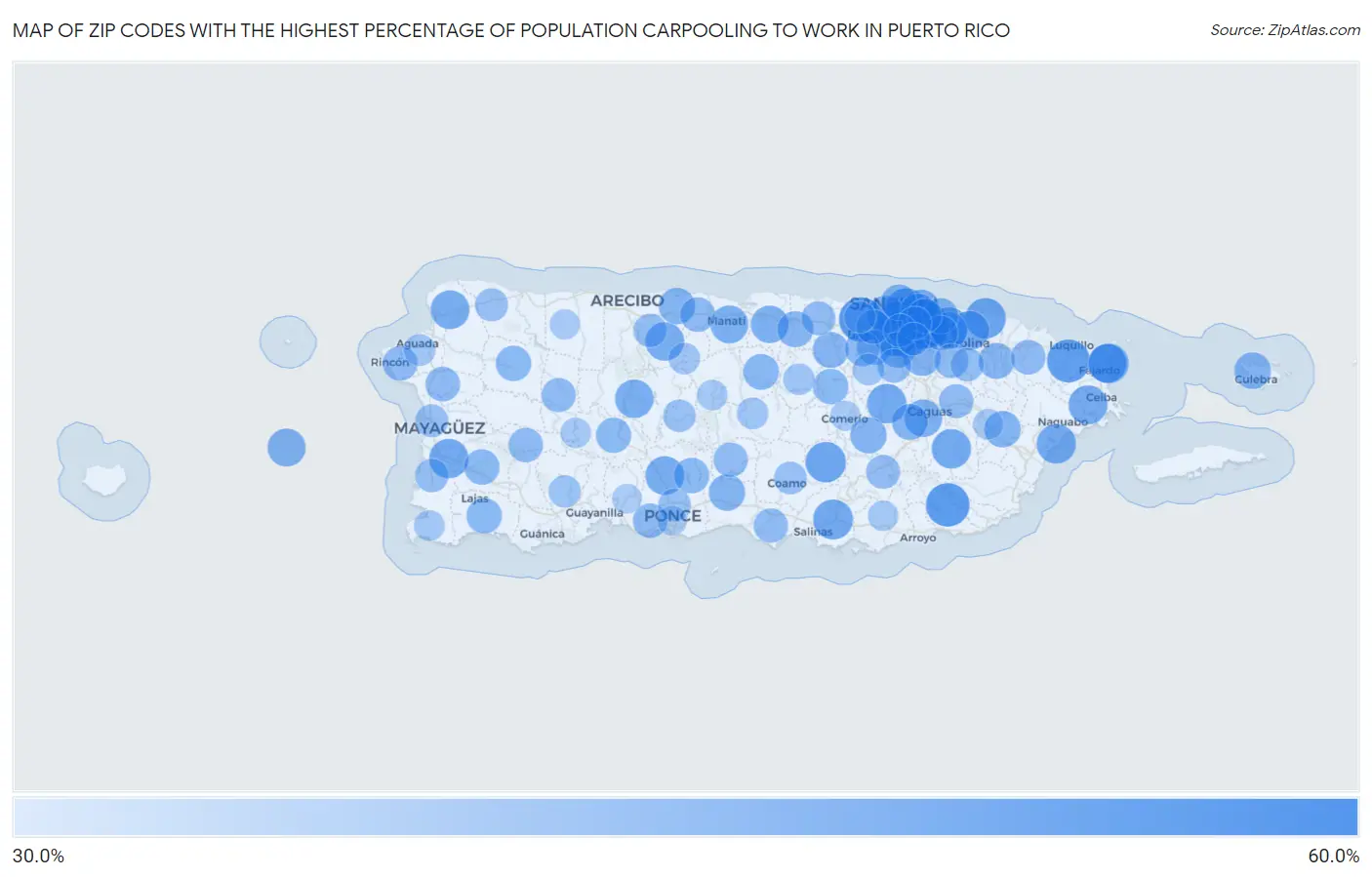 Zip Codes with the Highest Percentage of Population Carpooling to Work in Puerto Rico Map