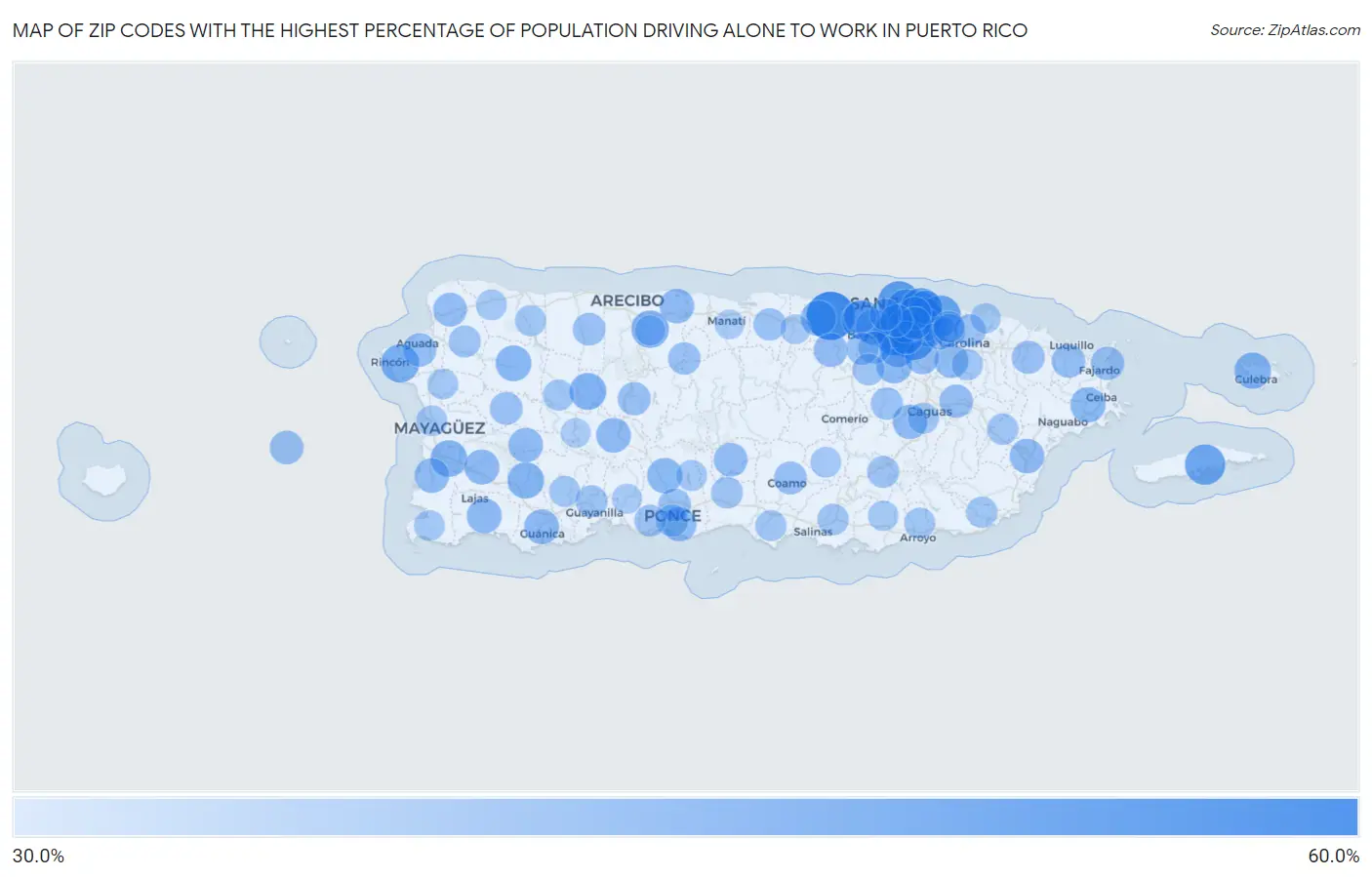 Zip Codes with the Highest Percentage of Population Driving Alone to Work in Puerto Rico Map