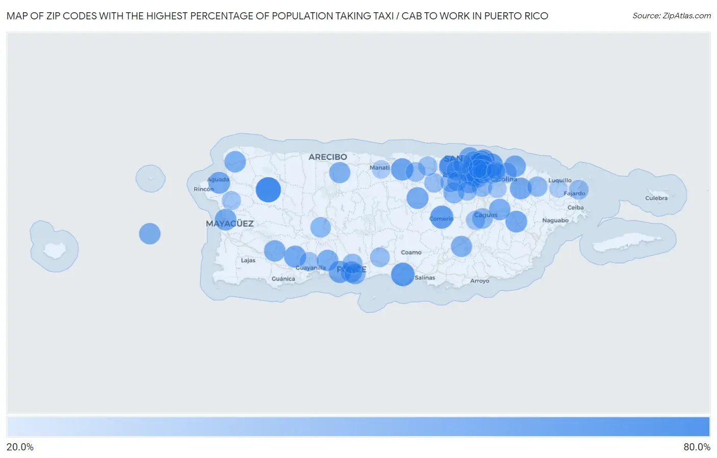 Zip Codes with the Highest Percentage of Population Taking Taxi / Cab to Work in Puerto Rico Map
