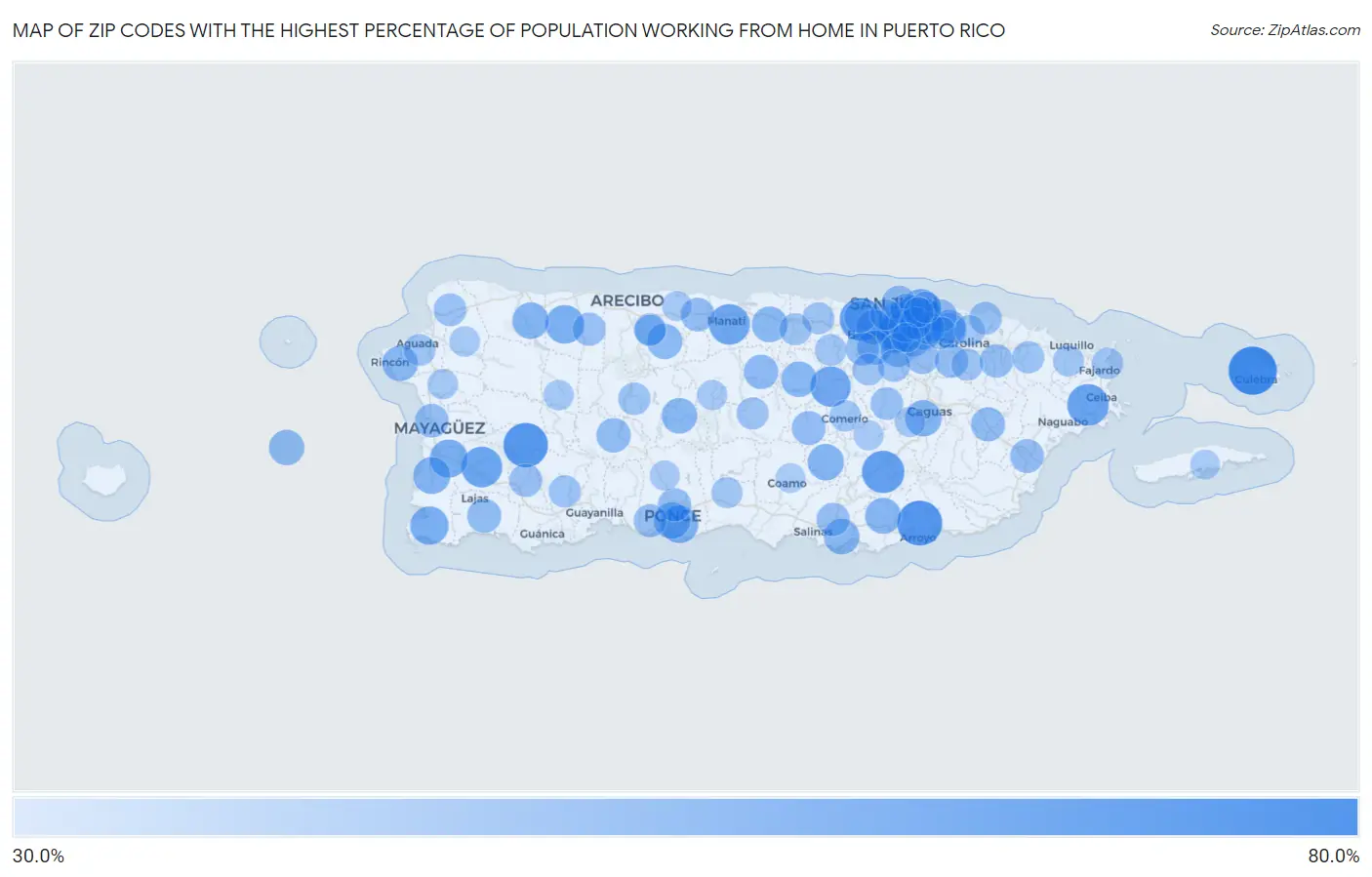 Zip Codes with the Highest Percentage of Population Working from Home in Puerto Rico Map
