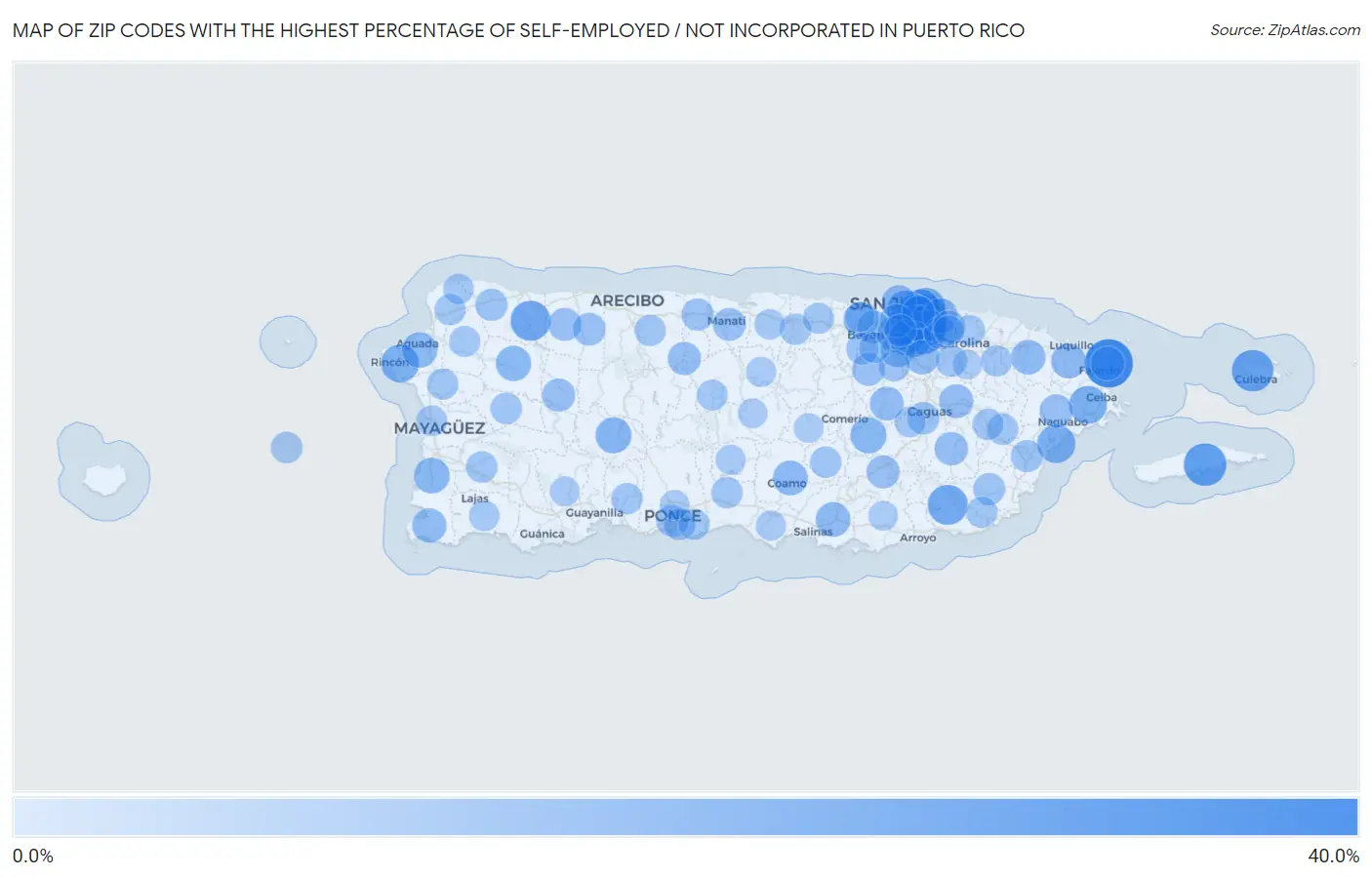 Zip Codes with the Highest Percentage of Self-Employed / Not Incorporated in Puerto Rico Map