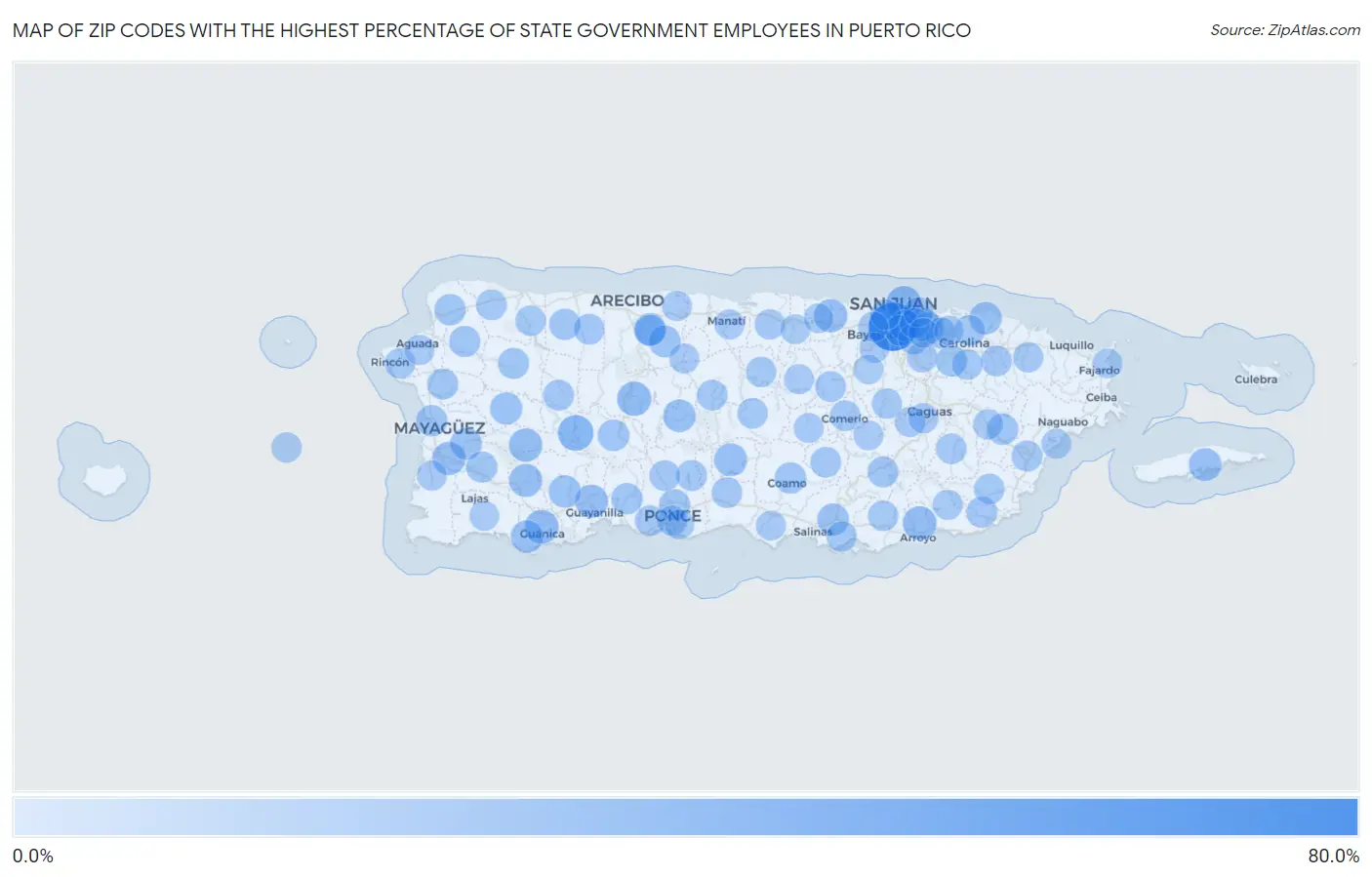 Zip Codes with the Highest Percentage of State Government Employees in Puerto Rico Map