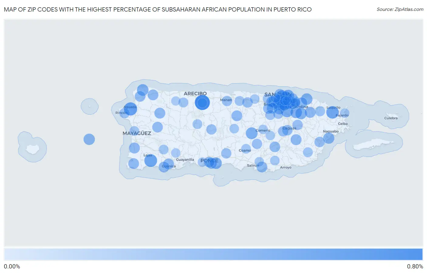 Zip Codes with the Highest Percentage of Subsaharan African Population in Puerto Rico Map