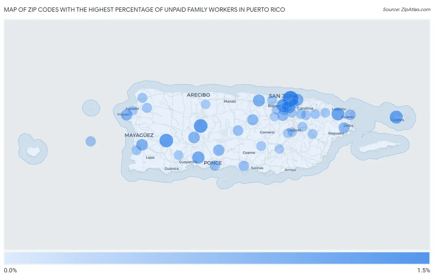 Zip Codes with the Highest Percentage of Unpaid Family Workers in Puerto Rico Map